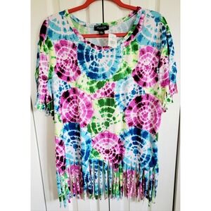 Rogue 4X Tie Dye Top Bright Colors RUNS SMALL SS Scoop‎ Neck Fringe Hippie NWT